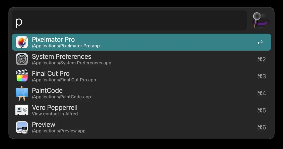 Alfred application and file search results