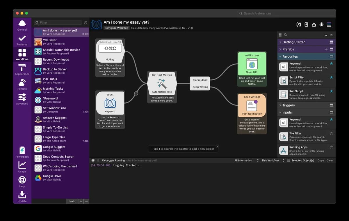 Alfred workflow editor with connected actions