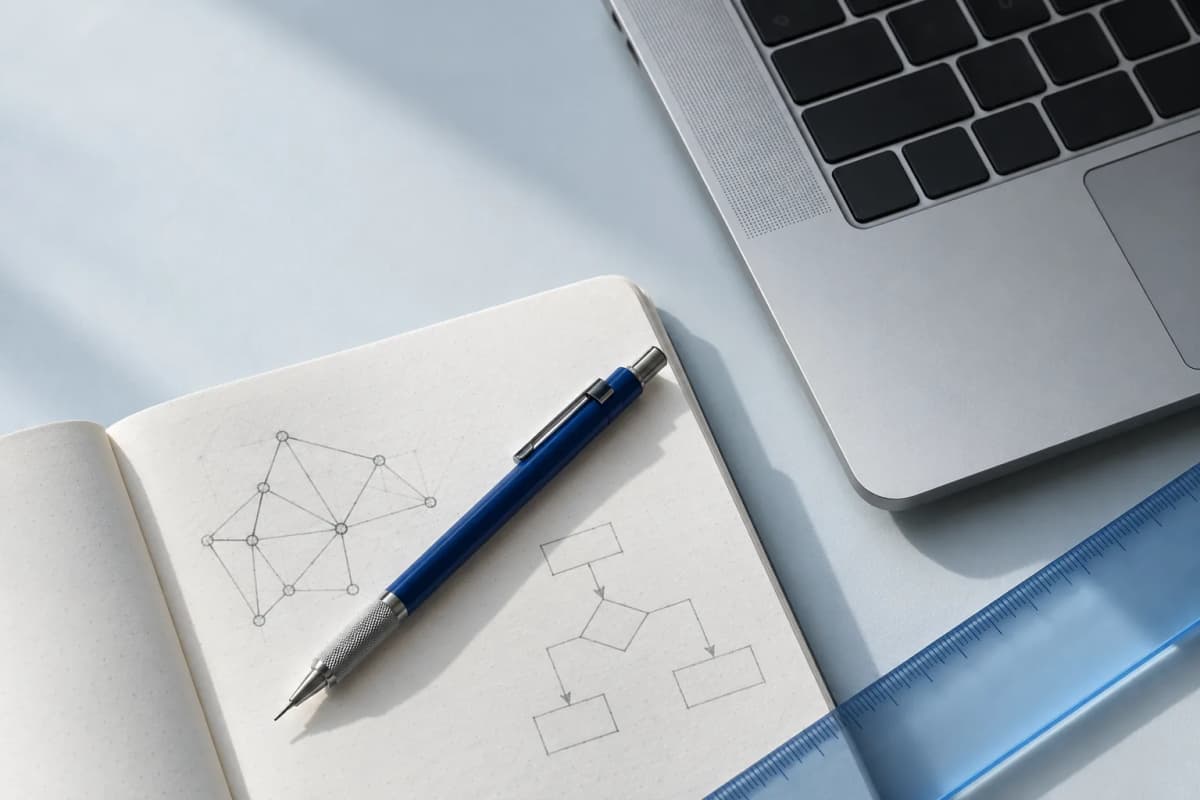 A notebook, laptop, and drawing tools on a study desk
